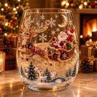 Ornement en verre de Noël, traîneau du Père Noël, scène de village d'hiver 3D, décor de bureau lumineux à LED sans pied, cadeau de Noël