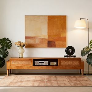Meuble TV et armoire <span class=keywords><strong>de</strong></span> rangement en bois <span class=keywords><strong>de</strong></span> frêne et rotin naturel, design rétro Japandi, style mid-century modern, pour salon, hôtel ou maison. - Product Image 2