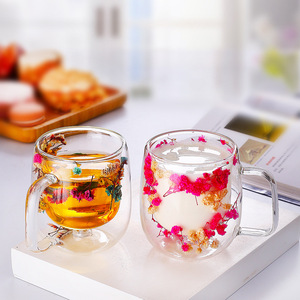 Nouvelle tasse à thé et à café en verre borosilicate à double paroi tendance, fleurs séchées naturelles, capacité de 250 ml/350 ml, passe au lave-vaisselle - Product Image 1
