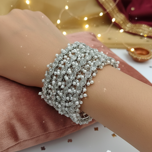 Silver Plated <b>Crystal</b> Stone and Pearl <b>Bracelets</b> Set | Elegant Fashion Bangles for Women and Girls for festive wear collection - Product Image 2