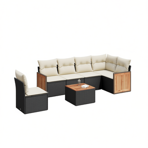 Ensemble de canapés de jardin noir et crème avec structure en rotin, coussins en mousse haute densité, mobilier d'extérieur au design contemporain - Product Image 1