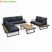 Ensemble de canapés d'extérieur au design moderne 7 places avec cadre en aluminium et table basse en bois de teck, meubles de patio pour jardin et hôtel
