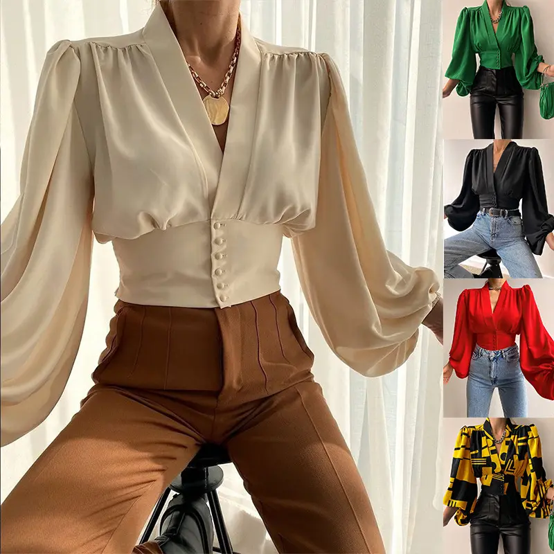 Son tasarım zarif bayanlar benzersiz ince bel düğmesi fener kollu bluz ofis giyim bayanlar bluz tops
