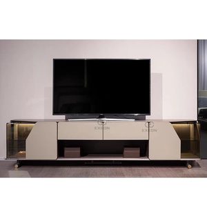 Armario de <span class=keywords><strong>TV</strong></span> minimalista italiano de <span class=keywords><strong>primera</strong></span> capa de cuero de vaca, mueble de vidrio de nogal Beige, Audio visual, bajo para sala de estar - Product Image 2