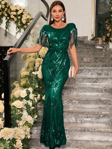 Lüks zarif kat-uzunluk kaporta boyun saçak dekor resmi balo/parti kadın pullu Mermaid abiye V boyun geri - Product Image 3