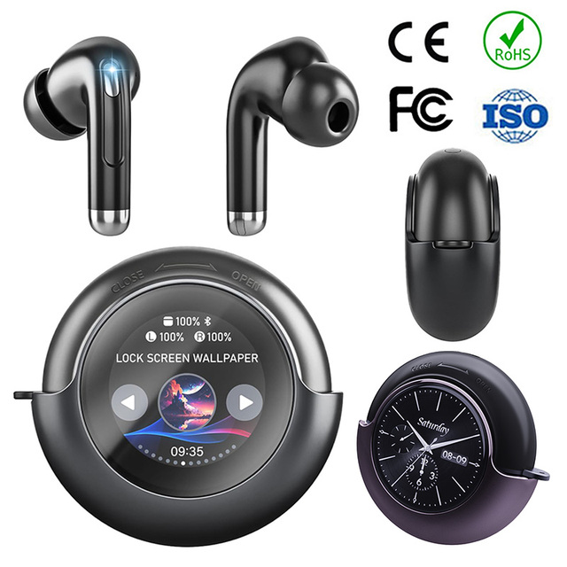 CE FCC Rohs T7 Smart LED Touch Screen Bluetooth V5.4 Earbuds with ANC & ENC Noise Reduction IPX5 Waterproof TWS Wireless Headset