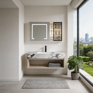 Mueble de Baño Moderno Personalizado de Piedra Quemada, Lavabo de Pared de Profundidad Reducida para Espacios Estrechos, Uso en Hospitales y Villas - Product Image 1