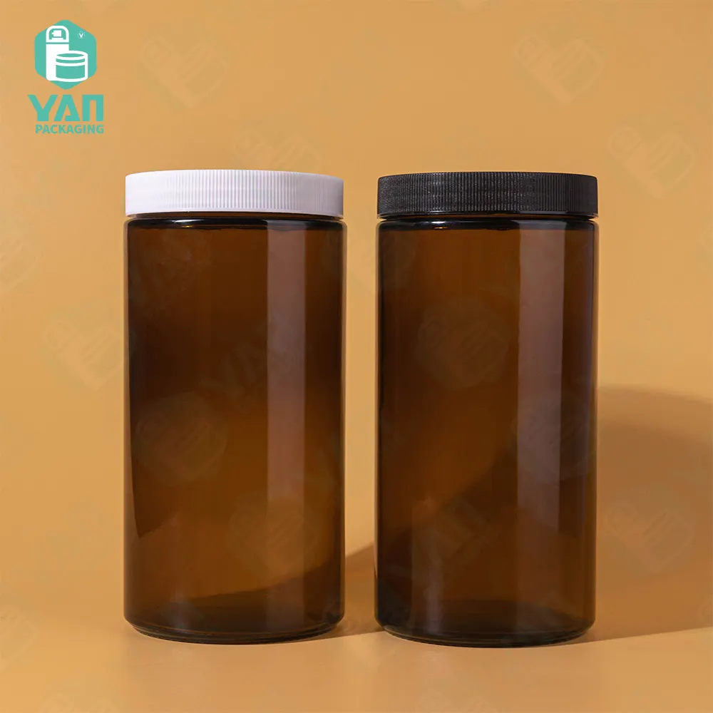YAN Packaging 1l amber glass jar 1000ml white black screw plastic lid soil sampling bottle