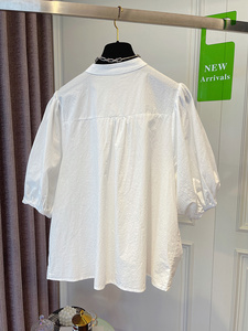 热卖夏季百褶设计宽松超仙女白色圆领短袖女式衬衫 - Product Image 5