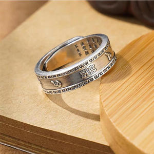 Anillo de plata de ley 999 para hombre y mujer, sortija de Sutra con seis personajes bañados en plata, Estilo Vintage, para parejas, joyería budista - Product Image 1