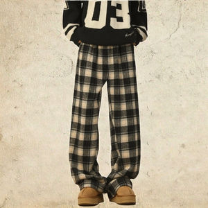 Pantalones de tartán Mujer Cintura alta Pierna ancha Mezcla de lana Pantalones drapeados Rectos Casual Otoño Invierno - Product Image 3