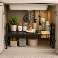 Étagère de rangement sous évier à un niveau avec 1 panier extensible, support de rangement pour armoire de cuisine, économiseur d'espace réglable, métal noir