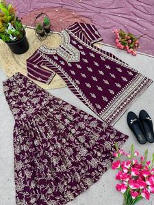 สีแดงFaux GeorgetteปักKurta ShararaชุดDupattaอินเดียDesignerชุดDupatta Partywear Readymade - Product Image 3