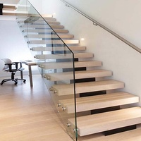 Escalier en verre avec marches en bois massif, cantilever, antidérapant, gain de place, pour rénovation d'appartement duplex