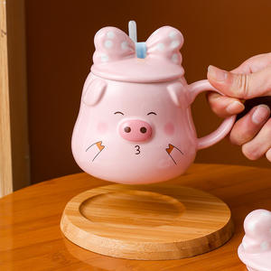 Creative Pink Girl Cartoon <strong>Pug</strong> Shaped Ceramic <strong>Mug</strong> With Handle and Bow Lid Porcelain Breakfast Coffee Cup Beer Milk Hot Thermal - Product Image 3