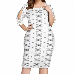 Summer Polynesian Elei Tribal White Gray Design Custom Business Casual Retro Fashion Big Neckline Hip Wrap Dress