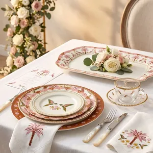 Juego de Platos de Cerámica Retro con Diseño de Loro Rosa, Vajilla de Porcelana de Lujo con Palmeras Tropicales, Plato Redondo para Postre y Ensalada para Bodas - Product Image 4