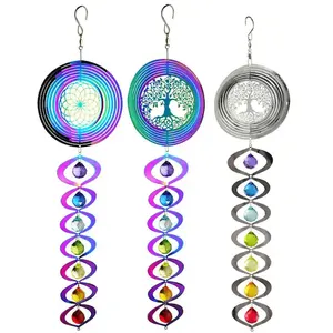 New Outdoor Garden 3d Wind Spinner acciaio inossidabile cinetico Wind Spinner iridescente Chakra Wind Chime con sfera di cristallo Indoor