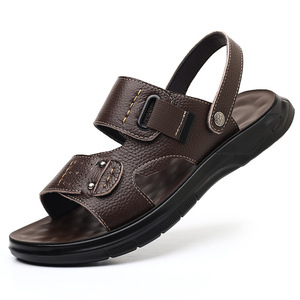 Men's Summer Sandals Top Layer Cowhide Flat Thick Soled Beach Casual Shoes Slip On Brown Black 9803 - Product Image 5