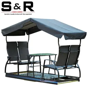 Mecedora giratoria para exteriores de 4 asientos, silla móvil para exteriores con mesa para adultos con dosel