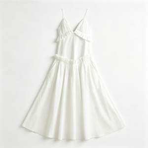 Grande taille femmes élégant plissé sans manches col en V une ligne Maxi tenue décontractée dames volants plissé blanc coton robes femmes - Product Image 1