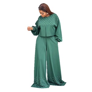 Ensemble long élégant pour <span class=keywords><strong>femme</strong></span>, style européen et américain, nouvelle collection été 2026, haut à col rond perlé et manches lanternes, <span class=keywords><strong>pantalon</strong></span> large, 100 % polyester - Product Image 5