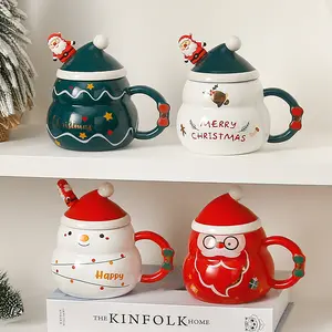 Christmas New Year Gift Set Drinkware Party Decoration Coffee with Lid Spoon Cartoon Cute Ceramic Mug Tea Cup