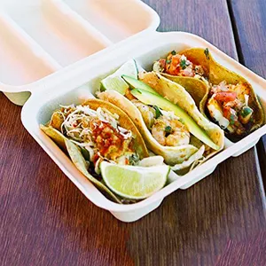 Biologisch abbaubare Zuckerrohr-Clamshell-Box zum Mitnehmen Lebensmittel verpackung Bagasse Taco Box Einweg-Zellstoff-Taco-Halter mit 3 Fächern und Deckel