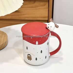 Ensemble cadeau de tasses en céramique de Noël de luxe personnalisables avec couvercle et cuillère à motif personnalisé de rennes et du Père Noël - Cadeau promotionnel - Product Image 2