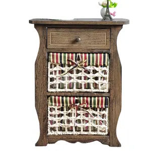 Armoire de rangement rustique vintage en bois massif pour salon, tiroirs en rotin