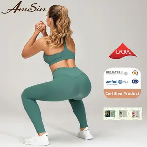 AmeSin 2021 Tiktok moda sostenible respetuoso con el medio ambiente pantalones de entrenamiento de cintura alta sin costura frontal Sexy Yoga Leggings
