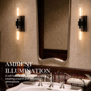 Lámpara de pared para baño, con pantalla de cristal cilíndrica transparente y metal negro, para uso residencial y hotelero, montaje en pared interior. - Product Image 4