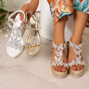 Sandales compensées papillon à strass, bout ouvert, bride cheville, plateforme, chaussures habillées d'été - Product Image 1