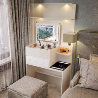 Coiffeuse LED en chêne massif de style nordique, 4 tiroirs, ensemble de coiffure moderne blanc, éclairage intégré, rangement pour chambre à coucher, organisation du maquillage, hôtel