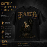 T-shirt Homme Gothique Faith Wolf Streetwear Vintage Unisexe Coupe Classique Coton Lourd 100% Tricoté Écologique