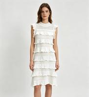 Robe midi en maille de haute qualité pour femme, style élégant, col rond, sans manches, avec découpes et volants, coupe trapèze, idéale pour l'été