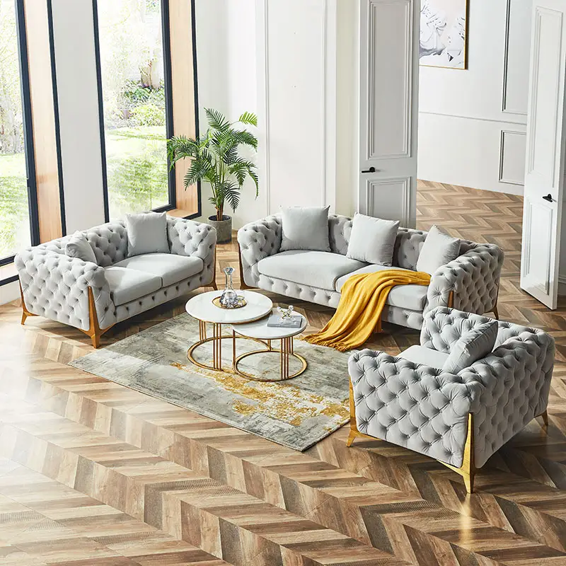 Set Sofa Kulit Berumbai Kancing Desain Italia, Set Sofa Bahan Beludru Ruang Tamu Modern Bagian Besar
