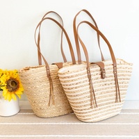 Sac seau en paille de jacinthe d'eau tressé à la main, grande capacité, style bohème, pour la plage, avec fermeture éclair, sac à bandoulière pour femme, poignée en cuir