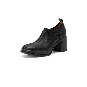 Zapato de Tacón Alto de Plataforma con Punta Cuadrada, Estilo Retro, de Cuero Genuino Suave, con Combinación de Piel de Oveja, Talla Grande - Product Image 1