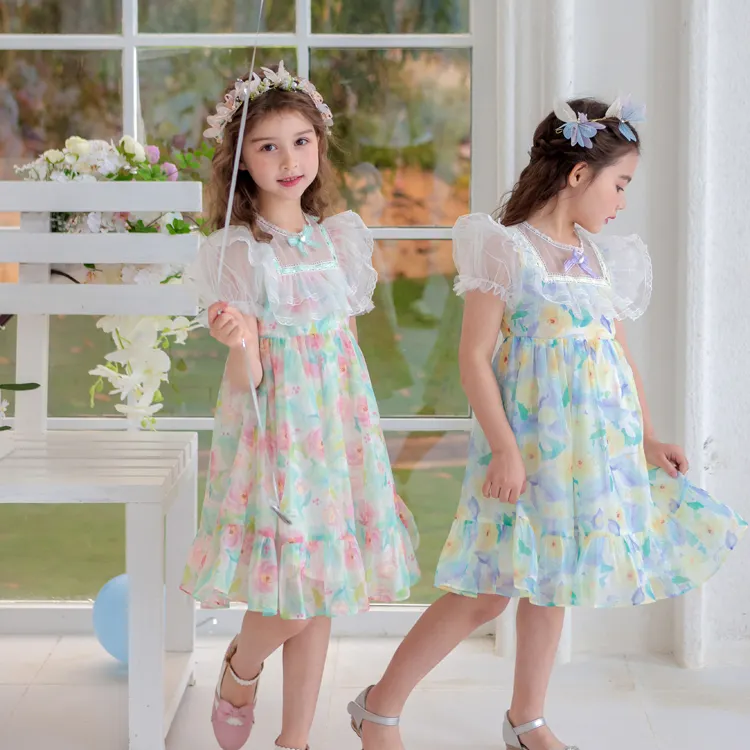 Оптовая продажа, детская одежда, детское зеленое кружевное Цветочное платье, платье для девочек с пышными рукавами, детское платье принцессы для девочек