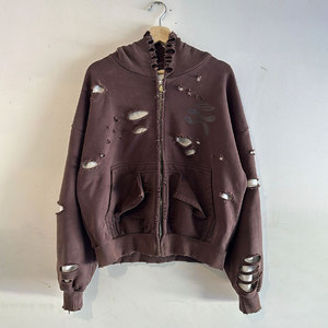 Новинка Huili: Зимние хлопковые худи оверсайз из плотного материала для мужчин, винтажные, с эффектом потертости, на молнии, с эффектом состаривания - Product Image 2