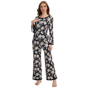 Ensemble de pyjama personnalisé pour femmes, imprimé floral foncé, manches longues, dentelle, vêtements de détente, pyjama doux et extensible avec poches, pyjamas pour femmes - Product Image 3