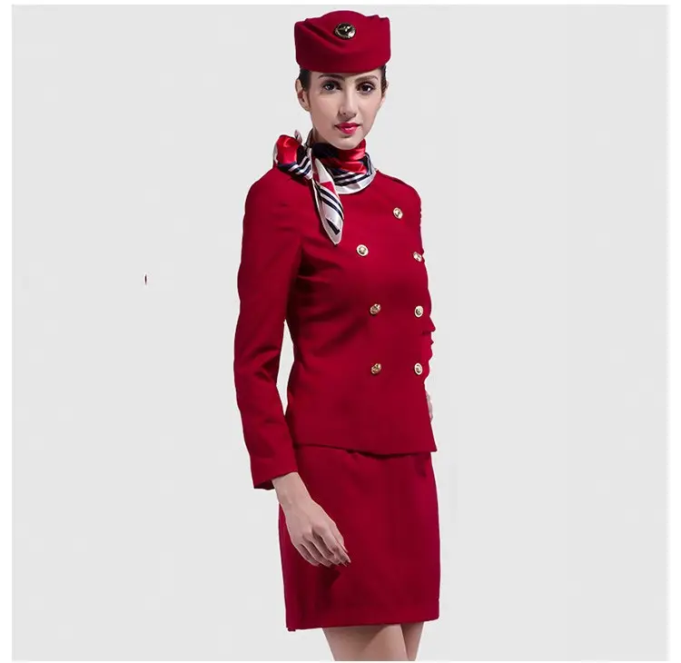 Uniforme d'aviation rouge de haute qualité, personnalisé, ensemble de manteau et jupe pour d'hôtesse de l'air