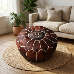 Funda de Puf de Cuero Genuino Hecha a Mano, Bordado Geométrico, Estilo Bohemio, Diseño Cosido, Decoración del Hogar, Cierre con Cordón - Product Image 4