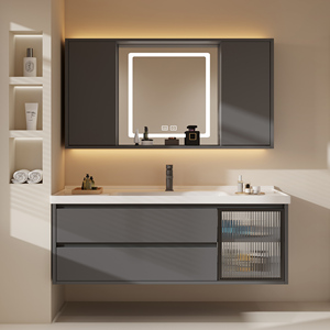 Mobile <span class=keywords><strong>Bagno</strong></span> con Lavabo - Mobile <span class=keywords><strong>Bagno</strong></span> Moderno Minimalista Sospeso con <span class=keywords><strong>Specchio</strong></span> Antiappannamento Intelligente, Mobile in Legno Massello - Product Image 1