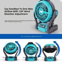 Ventilateur de camping rechargeable 12 pouces avec moteur sans balais au lithium, lumière LED, double alimentation, suspendable ou de bureau, pour extérieur, maison et usage industriel