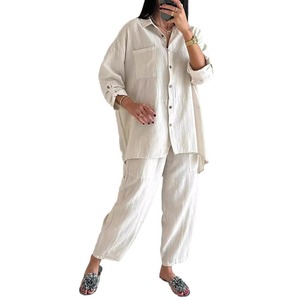 Nuevo Conjunto de 2 Piezas para <span class=keywords><strong>Mujer</strong></span>, Talla Grande, Camisa de Lino y Algodón, Pantalones Holgados de Cintura Alta - Product Image 5