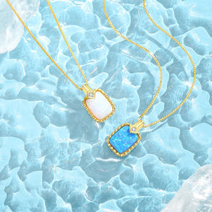 925 Sterling Silver Gold Plated Rectangle Blue Opal Bezel Set Pendant Necklace Dainty Milgrain <b>Edge</b> Vintage Jewelry For Women - Product Image 4