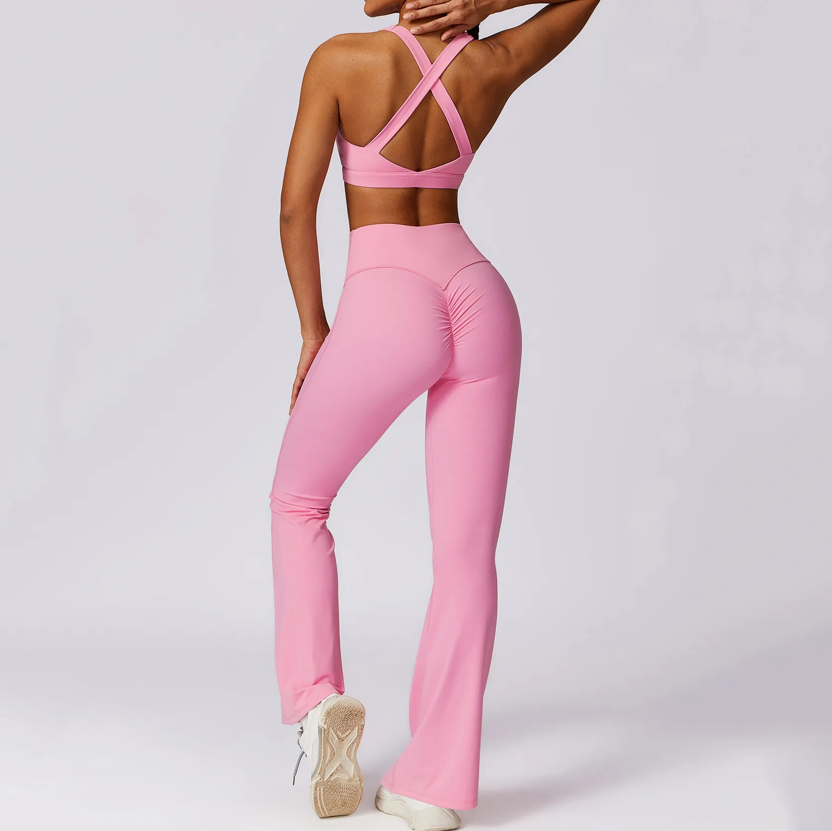 Ensemble pantalon et soutien-gorge évasé à taille haute et séchage rapide avec scrunch au dos pour femmes LOGO personnalisé