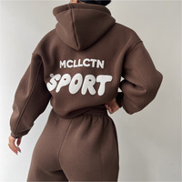 Personalizado Puff estampado Y2K Sudadera con capucha otoño mujeres señoras dos piezas de pantalón Jogger conjunto sudor bolsillo Crop Sweatsuit 2 piezas pantalones conjuntos